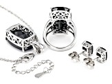 Black Spinel Rhodium Over Sterling Silver Ring Pendant With Chain And Earrings Set 44.39ctw