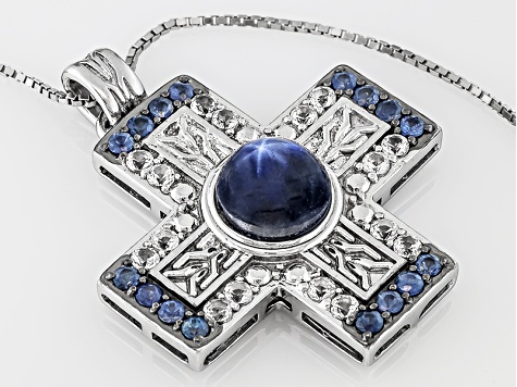 Blue Star Sapphire Rhodium Over Sterling Silver Pendant With