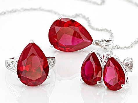 Red Lab Created Ruby Rhodium Over Silver Jewelry Set 37.09ctw