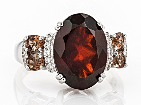 Red Hessonite Garnet Rhodium Over Sterling Silver Ring 6.13ctw.