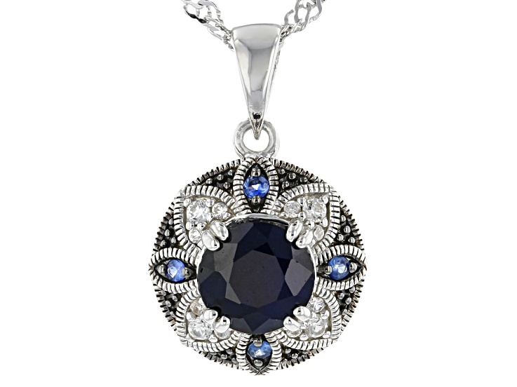 Blue Sapphire Rhodium Over Sterling Silver Pendant with