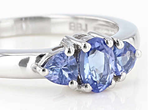 Blue Tanzanite Rhodium Over Sterling Silver 3-Stone Ring .80ctw