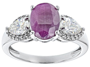 Indian Ruby, Lab Strontium Titanate With White Zircon Rhodium Over Sterling Silver Ring 3.30tw