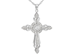 Round White Zircon Rhodium Over Sterling Silver Cross Pendant With Chain 0.78ctw
