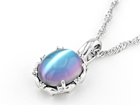 Aurora Moonstone Rhodium Over Sterling Silver Pendant With Chain 0.07ctw