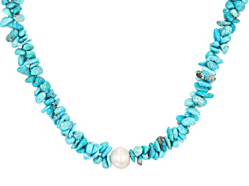 Picture of Sleeping Beauty Turquoise With Cultured Freshwater Pearl Rhodium Over Silver Beaded Necklace