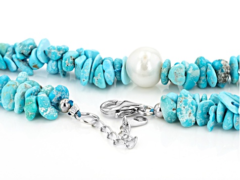 Sleeping Beauty Turquoise With Cultured Freshwater Pearl Rhodium Over Silver Beaded Necklace