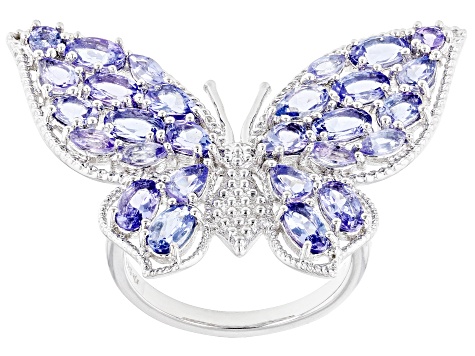 Blue Multi Shape Tanzanite Rhodium Over Sterling Silver Butterfly Ring 4.01ctw