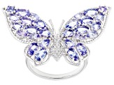 Blue Multi Shape Tanzanite Rhodium Over Sterling Silver Butterfly Ring 4.01ctw