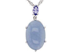 Blue Angelite Rhodium Over Sterling Silver Pendant With Chain 0.19ctw