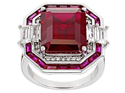 Red Lab Created Ruby Rhodium Over Sterling Silver Ring 10.19ctw