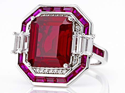 Red Lab Created Ruby Rhodium Over Sterling Silver Ring 10.19ctw