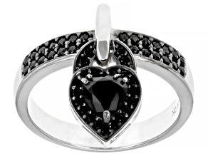 Black Spinel Rhodium Over Sterling Silver With Heart Charm Ring 0.46ctw