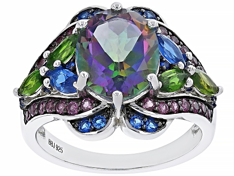 Mystic Fire® Green Topaz Rhodium Over Sterling Silver Ring 5.29ctw`