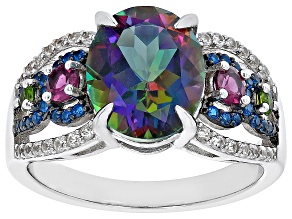 Mystic Fire® Green Topaz Rhodium Over Sterling Silver Ring 4.61ctw