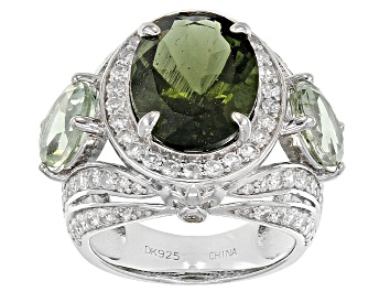 Picture of Green Moldavite Rhodium Over Sterling Silver Ring 7.40ctw