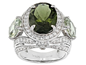 Green Moldavite Rhodium Over Sterling Silver Ring 7.40ctw