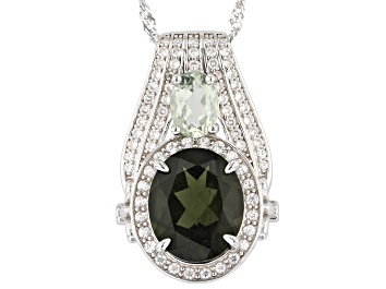 Picture of Green Moldavite, Prasiolite And White Zircon Rhodium Over Sterling Silver Pendant With Chain 4.55ctw