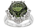 Green Moldavite Rhodium Over Sterling Silver Ring 4.08ctw