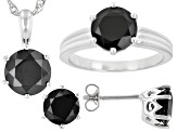 Black Spinel Rhodium Over Silver Ring, Earrings, Pendant With Chain Jewelry Set 9.46ctw