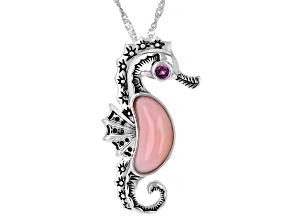 Pink Peruvian Opal Rhodium Over Silver Seahorse Pendant With Chain .15ctw