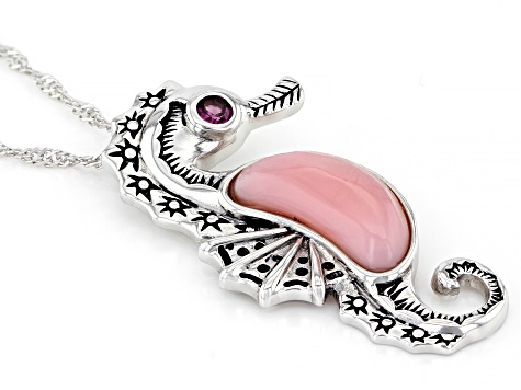 Pink Peruvian Opal Rhodium Over Silver Seahorse Pendant With Chain .15ctw