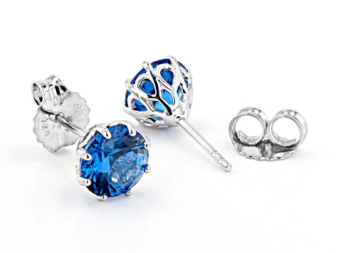 Blue Lab Created Spinel Rhodium Over Sterling Silver Stud Earrings 4.10ctw