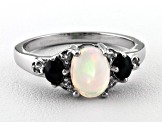 Multi Color Ethiopian Opal With Chalama Black Opal ™ & White Topaz Rhodium Over Silver Ring 1.20ctw