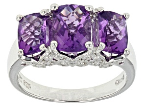 Purple African Amethyst Rhodium Over Sterling Silver 3-Stone Ring 3.03ctw