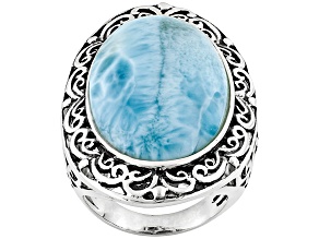 Womens Elongated Oval Solitaire Ring Blue Larimar Sterling Silver