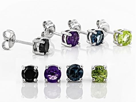 Multi-Gemstone rhodium over silver stud earrings 3.84ctw