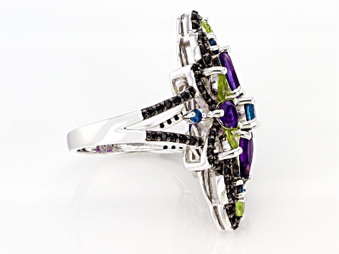 Multi-Color Multi-Gemstone Rhodium Over Silver Ring 4.56ctw