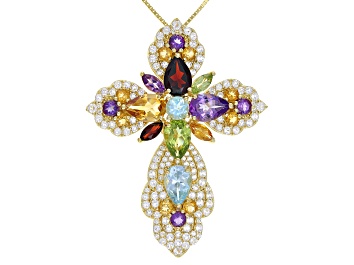 Picture of Multi-gem 18k Yellow Gold Over Silver Cross Slide With Chain 11.03ctw
