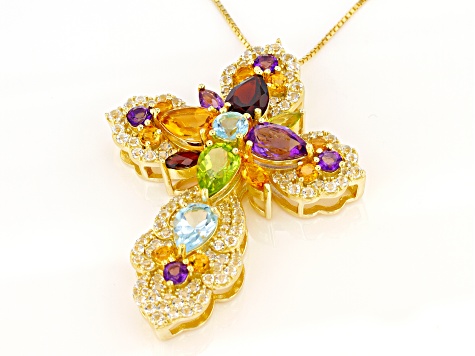 Multi-gem 18k Yellow Gold Over Silver Cross Slide With Chain 11.03