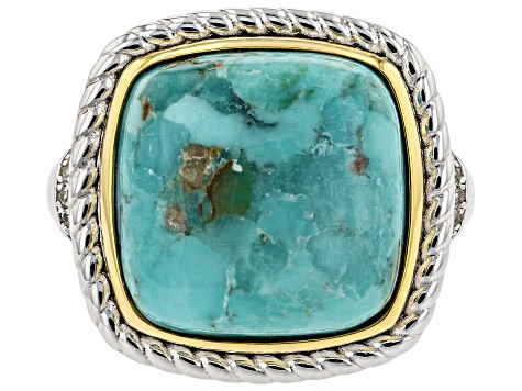 Blue Composite Turquoise rhodium over silver and 14k gold over silver two tone ring. .08ctw