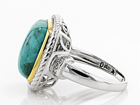 Blue turquoise rhodium over silver and 14k gold over silver two tone ring. .08ctw