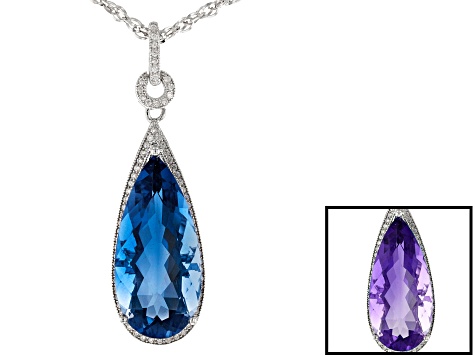 Blue color shift fluorite rhodium over silver pendant with chain 15.09ctw