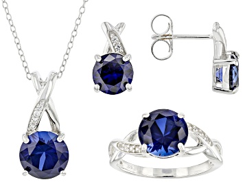 Picture of Blue Lab Created Sapphire Rhodium Over Sterling Silver Set 8.62ctw