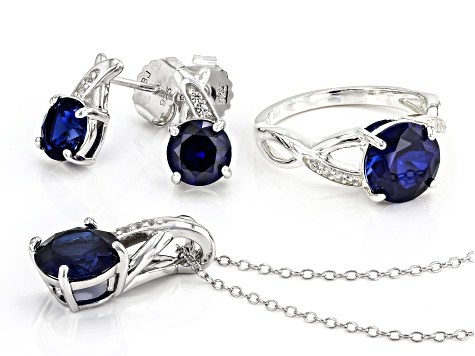 Blue Lab Created Sapphire Rhodium Over Sterling Silver Set 8.62ctw