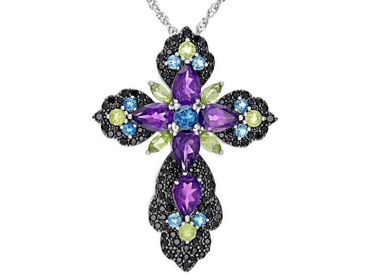 Multi-Gem Rhodium Over Sterling Silver Cross Pendant With