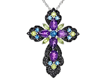 Picture of Multi-Gem Rhodium Over Sterling Silver Cross Pendant With Chain 10.95ctw