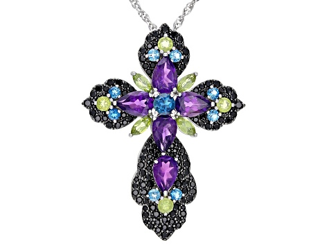 Multi-Gem Rhodium Over Sterling Silver Cross Pendant With Chain 10.95ctw