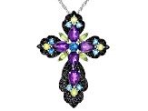 Multi-Gem Rhodium Over Sterling Silver Cross Pendant With Chain 10.95ctw