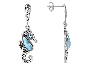 Blue Larimar Rhodium Over Sterling Silver Seahorse Earrings .40ctw
