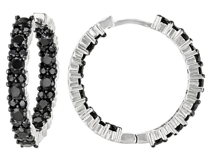 Black Spinel Rhodium Over Sterling Silver Hoop Earrings 4.00