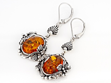 Orange Amber Sterling Silver Dangle Earrings