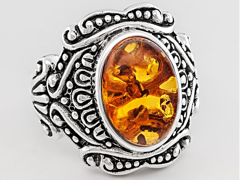 Orange Amber Sterling Silver Ring