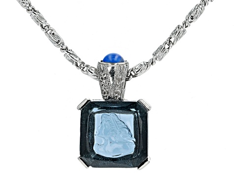 Square Blue Crystal Silver-Tone Pendant With Chain