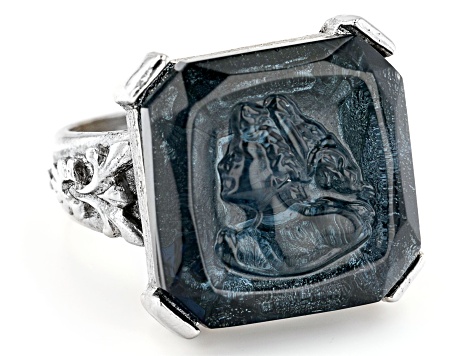 Square Blue Crystal Silver Tone Ring