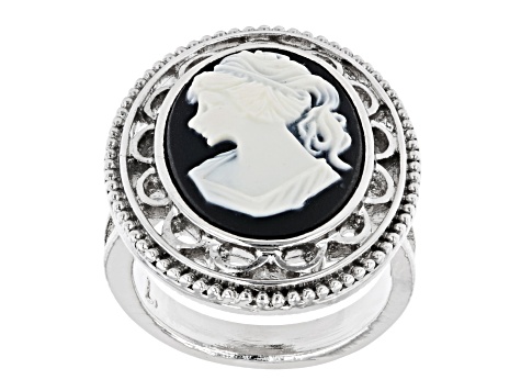 Black & White Resin Silver-Tone Cameo Ring